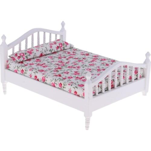 Dollhouse Wooden Princess Floral Bedding Bed with Mattress Set for 1:12 Dolls Bedroom Furniture Pretend Play Toy