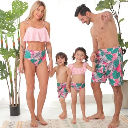 Leaf Swimsuits Family Matching Outfits Look Mother Daughter Swimwear Mommy and Me Bikini Dresses Clothes Father Son Swim Trunks