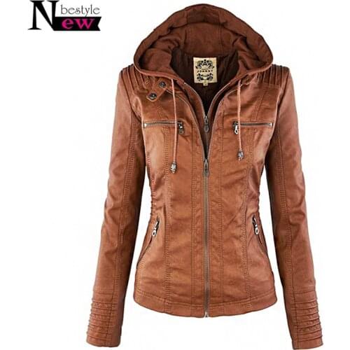 Newbestyle Women Faux Leather Hooded Jacket Female Slim Fit Short Motorcycle Jacket Zipper Pocket Coat Warm Outerwear Blusa Gift