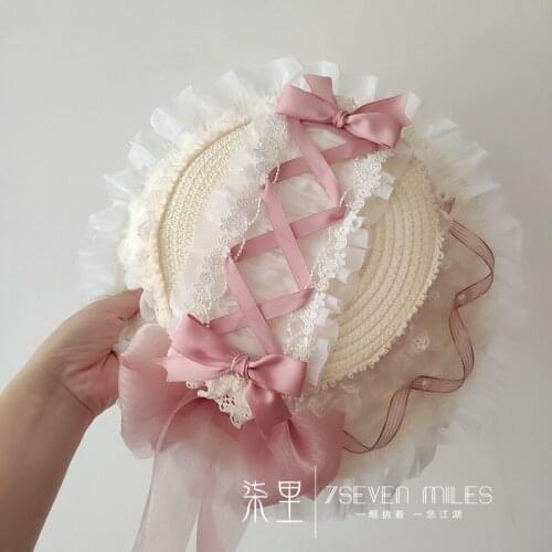 Lolita Accessories Mori Girl Summer Beach Sun Hat Cream Puff Tender Lovely Lace Big Bow Lolita Straw hat Japanese Retro Sweet Lo