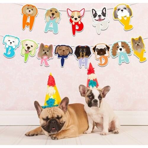 Cartoon cute animal banner bunting cute dog cat kitten with hat pull flag paper garland children birthday party decoration