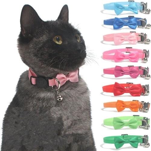 1 Pcs Adjustable Cute Necktie Nylon Cat Collar With Bell Bowknot Decor For Pet Kitten Puppy Cat Accessories
