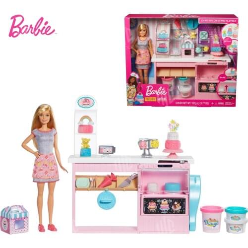 Original Barbie Cake Decorating Kitchen Playset Blonde Doll Dough +10 Accessories Barbie Collector Girls Kids for Toy Gift GFP59