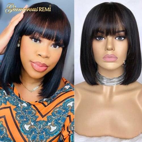 Straight Short Bob Wig With Bangs Brazilian Glueless Full Machine Made Wigs For Black Women Bob Straight Human Hair Wig 8-16inch