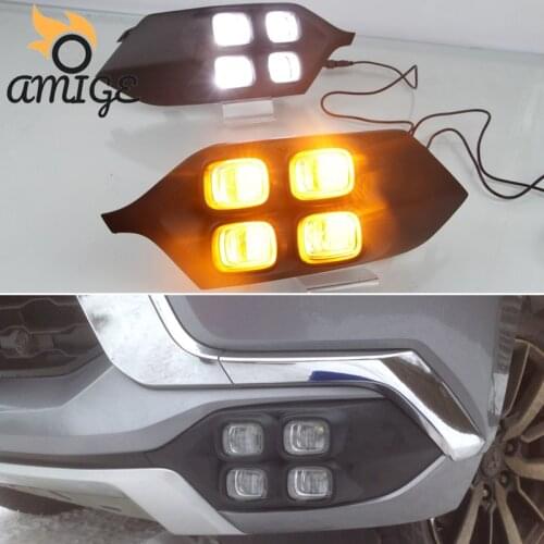 DNO LED Daytime Running Headlamps For Mitsubishi Pajero Montero Sport 2016 2017 2018 Daylights Yellow Turn Signal DRL Foglamp