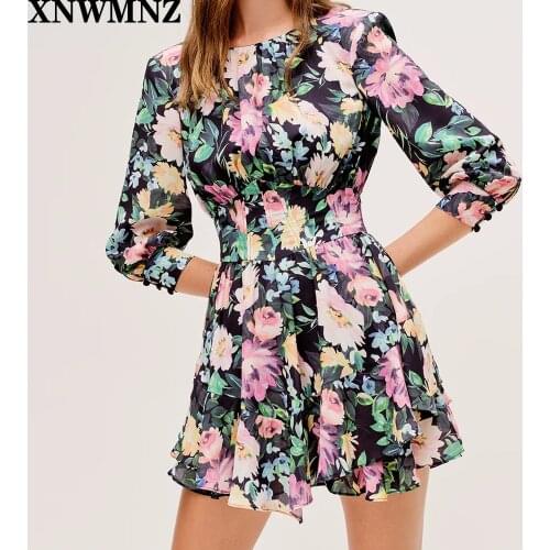 XNWMNZ Za women Vintage-inspired watercolor floral print mini dress tiered ruffle skirt peekaboo back Vestidos Robe
