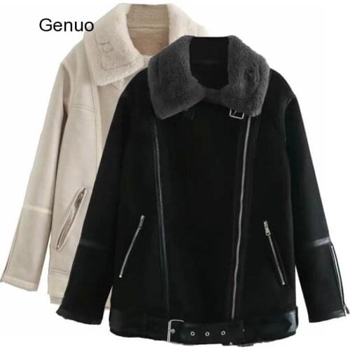 Women Fashion with Fur Faux Suede Thick Warm Jacket Coat Vintage Long Sleeve Pockets Female Outwear Chic Tops
