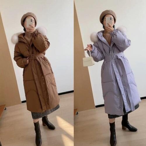 2021 Winter Female Parkas 90% White Duck Down Jacket Natural Fox Fur Hooded Long Down Coat Women Belt Puffer Feather Overcoat