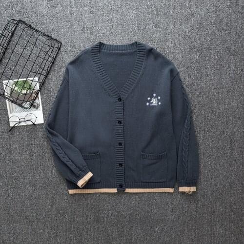 Women JK School Uniform Sweater Coat 7 Needle Knitting Cardigan Men Long-sleeved Outerwear Anime Cosplay Costumes Navy Blue