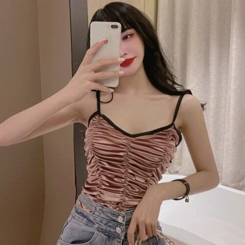 Spaghetti Strap Summer Camis Tops Women Velvet Shirts Tops Casual Sexy Cropped Tops Solid Streetwear Sleeveless Seamless