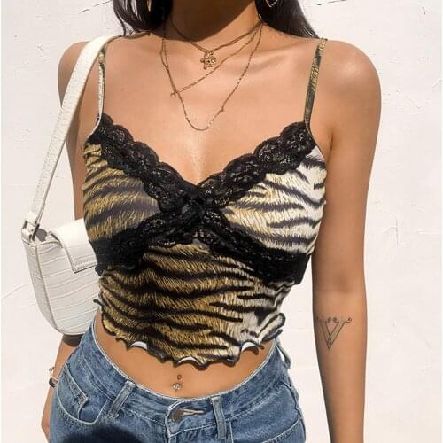 E Girl Zebra Print Lace Hem Camis Y2k Aesthetic Leopard V Neck Sleeveless Sexy Cropped Party Tops Tee Backless Camisole Harajuku