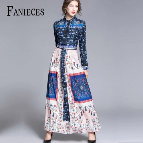 Flower print runway slim Dresses Spring autumn Woman Long-sleeved maxi Patchwork High Waist Party Maxi Dress robe платье женское