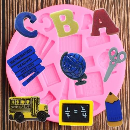 3D Book Scissor Baby Car Ruler School Pen Silicone Mold Sugar Craft Fondant Chocolate Molds Cake Decorating Tools Baking Moulds