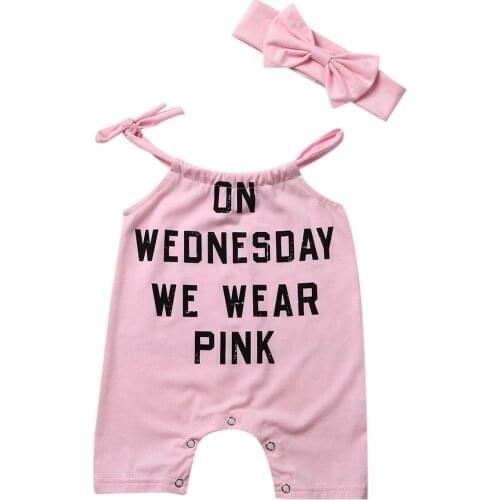 Pink 2Pcs Newborn Baby Girl Letter Printed Romper Shoulder Belt Jumpsuit Outfit Set Clothes Headband