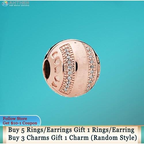 Ahthen 925 Sterling Silver Beads Pink Round Clip Charms fit Original Pandora Bracelets Women Jewelry Making Girl Birthday Gift