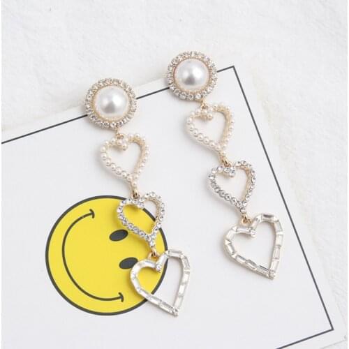 New Hollow Rhinestone Pearl Love Heart Long Drop Dangle Earrings for Women Girls Fashion Korean Jewelry Earring Brincos 6C3005