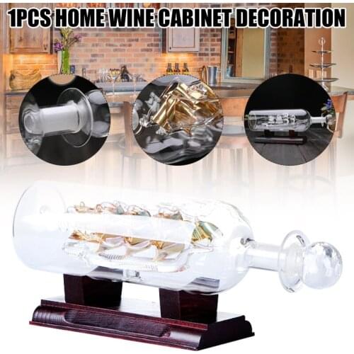 Sailboat Drifting Bottle with Wooden Base 3D Decorative Glass Ornament Ship in Wine Bottle 24*10.2cm can CSV