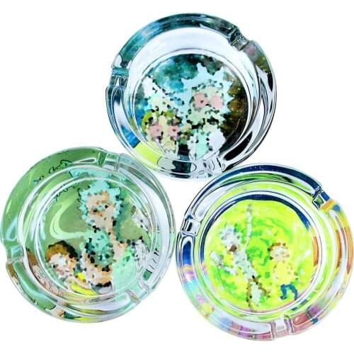 1pc Cigarette Ashtray Home Office Glass Ash Tray Large Capacity Cartoon Pattern Round Cigar Holder Weed Accessories Gift 8cm