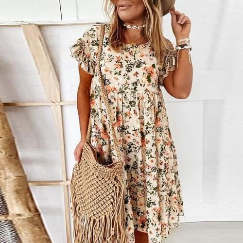 Floral Dresses For Women Party Womens Summer Ruffed Sleeve Small Floral Print O-neck A-line Big Swing Dress Vestidos Mujer