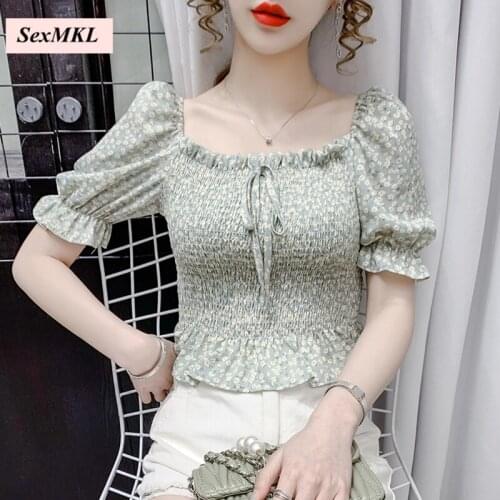 Floral Printed Casual Women Blouses Summer 2021 Fashion Short Puff Sleeve Vintage Ladies Tops Korean Slim Crop Top Blusas Mujer