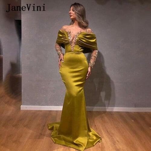 JaneVini 2020 Luxury Mermaid Long Sleeves Evening Dreses Sheer Neck Sparkle Crystal Beaded Dubai Arabic Satin Formal Dinner Gown