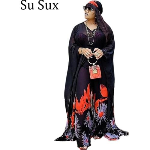 Chiffon Wide Leg Pant Suits Women African Clothes Dashiki 2 Piece Set Loose O Neck Long Top Tracksuit Vestidos Female 2021