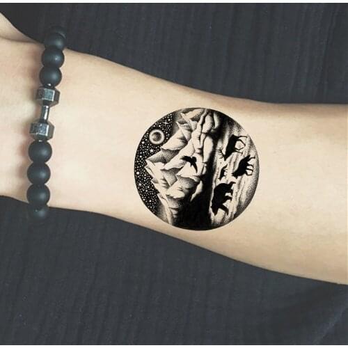 Temporary Tattoo Stickers Women Body Art Painting Round Fake Tatoos Elk Mountain Water Transfer Tattoo Men Hands Neck Animals