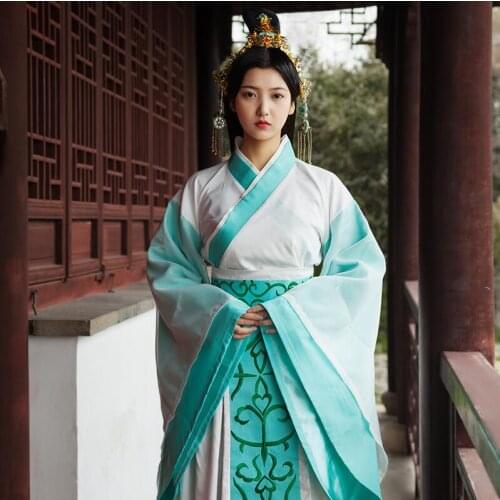 High quality China Elegent Princess Hanfu Long Tail Dress Fairy Blue White Apparel Asian Film Stars Same Item Ancient Clothes