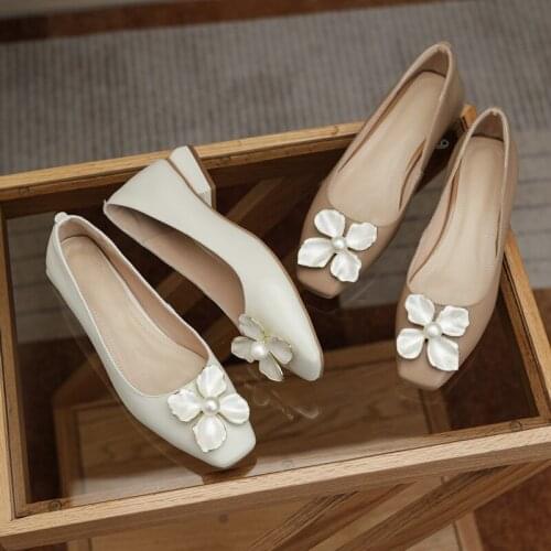 Falajoy Genuine Leather Flat Shoes Women Slip on Fashion Dressy Ballet Flats Floral Pearl Ladies White Nude Shoes Plus Size 43