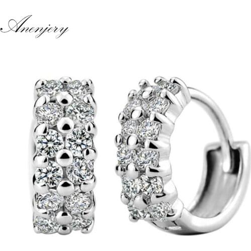 ANENJERY 925 Sterling Silver Double Row Shiny Zircon Stud Earrings For Women brincos oorbellen boucle d'oreille S-E11
