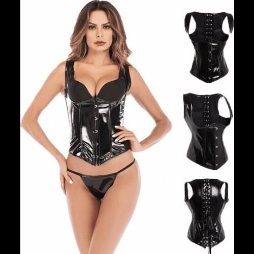 Womens Gothic Steampunk Corset Boned Underbust Waist Trainer Corsets Bustiers PVC Vest Slim Cincher Black Push up Breast Tops