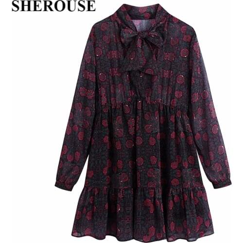 SHEROUSE 2021 Women Fashion Floral Printed Bowed Mini Dress Long Sleeve V-Neck Vintage Female Dresses Femme Robe