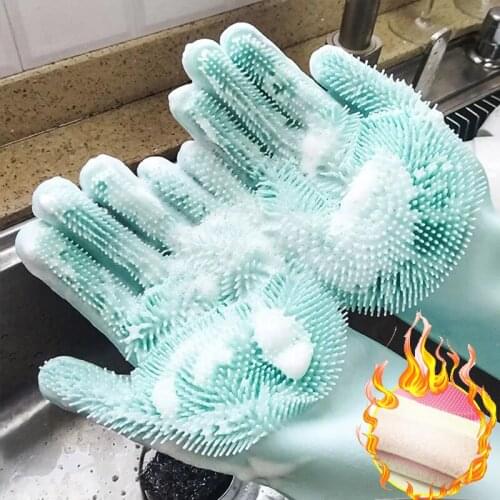 1 Pair Plus Velvet Dishwashing Gloves Kitchen Silicone Cleaning Magic Silicone Dish Washing Household Scrubber Washing Gloves
