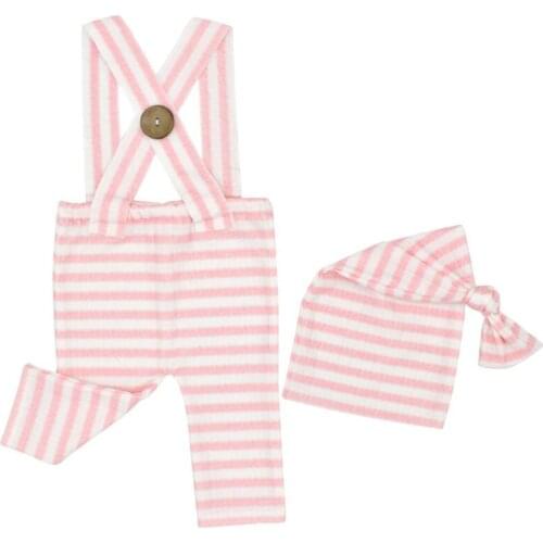 2 Pcs Baby Stripe Romper Long Tail Knotted Hat Set Newborn Photography Props Strap Pants for Infants Photo Shooting H055