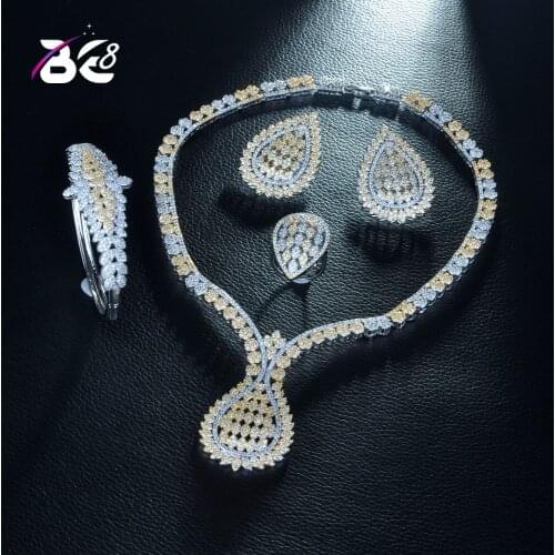 Be 8 Copper 2tones Cubic Zirconia Wedding Jewelry Set Waterdrop Dubai Bridal 4pcs Necklace Bracelet Earring Ring Set Dating S271