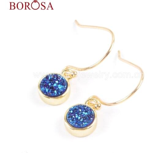BOROSA 5Pairs 9mm Round Gold Color Natural Agates Drusy Titanium Rainbow Druzy Dangle Earrings Girls Gifts Party Studs ZG0357-E