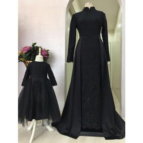 Black Lace Long Sleeve Muslim Evening Dress 2021 High Neck A Line Appliques Arabic Dubai Formal Evening Party Gowns فساتين السهر