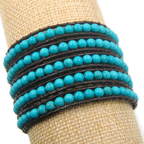 5 Wrap Blue Turquois-e Hot Colorful Mens Womens Handmade 4mm Gem stones Beads Wrap Leather Bracelet Wholesale 3PCS/Lot