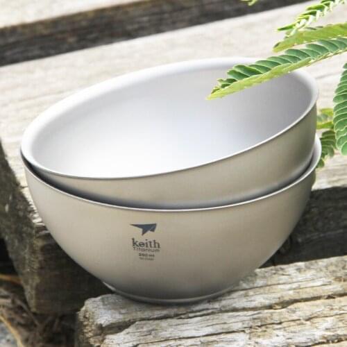 Keith 250ml Bowl Ultralight Camping Travel Tableware Double Wall Pure Titanium Bowls Anti-corrosion Dinnerware 2pcs Ti5351