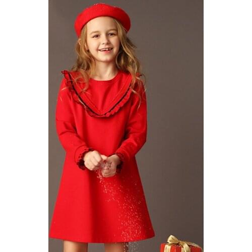 Girls Red Dress Long Sleeve Cotton dress Foreign Childrens Princess dress