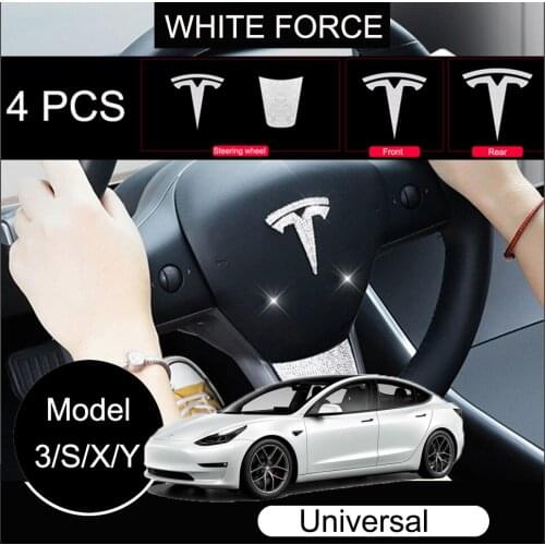 For Tesla Model 3/S/X/Y 4PCS Crystal Emblems Sticker Diamond Steering Wheel Stickers Front Rear Logo Rhinestone Car Decoration