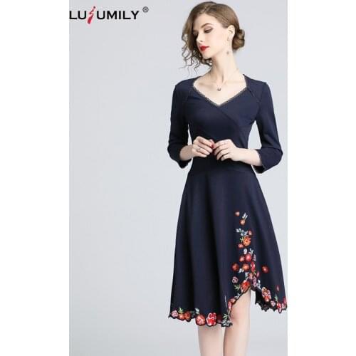 Lusumily Summer 2021 Womens Wear Polyester European American Style Temperament V-neck Long Sleeves Embroidered Fashion Dress