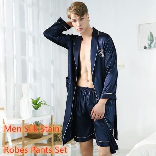 Mens Robe Sets Stain Silk Mens Pajamas Summer Mens Navy Wine Red Gray Short Pants Nightwear