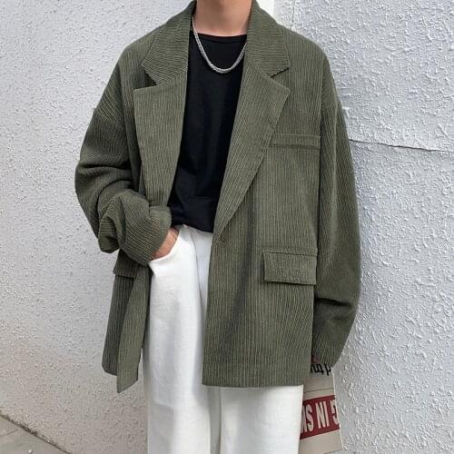 Korean Fashion Loose Single Button Men Corduroy Blazers Casual Black Mint Green Suit Jacket Social Blazer Coat
