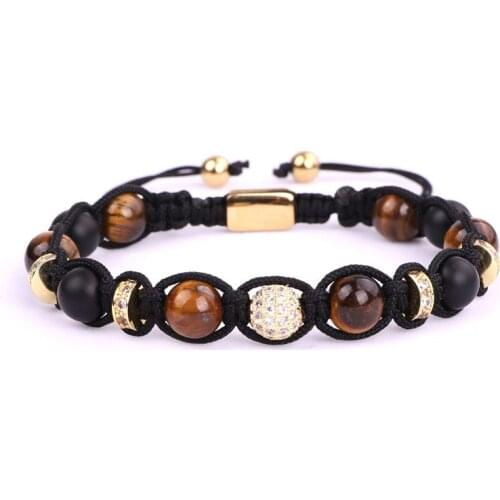 New arrive classic design men style natural stone tiger eye beaded CZ ball braided cord adjustable bracelet