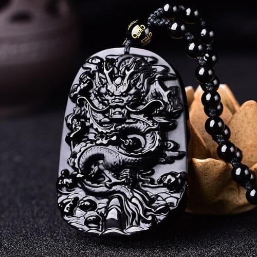 Dragon Natural Black Obsidian Jade Pendant Necklace Chinese Hand-Carved Fine Charm Jewelry Amulet Accessories for Men Women