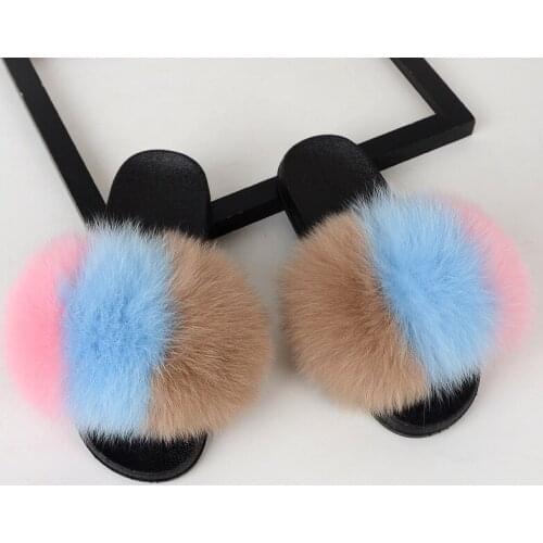 Luxury Fox fur slides woman flyffy real hair open toe slippers summer nonslip slip on flats shoes ladies candy furry flip flops