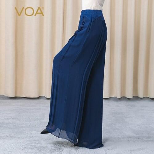 VOA Mulberry Silk Double-layer Georgette Fold Elegant Loose Side Pocket Fashion Loose Wide-leg Pants KE327 Woman Pants