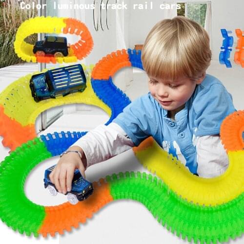 220pcs Magical Glowing Race Track Bend Flexible Flash in the Dark Railway Racing Track Set with LED Light Car Toys for Children