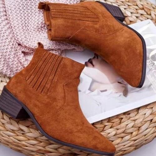 Women Chelsea Boots Pointed Toe Cow Leather Suede Western Ankle Boots Womens Shoes Casual Mid Heels Zipper Cowboy Knight Boots